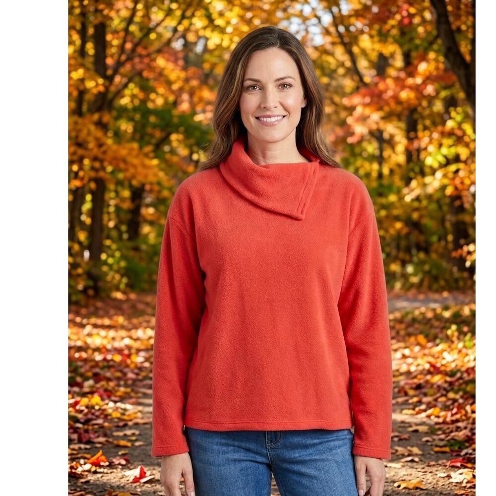 Talbots Womens XL Red Fleece Asymmetrical Mock Neck Pullover Sweater Casual Top
